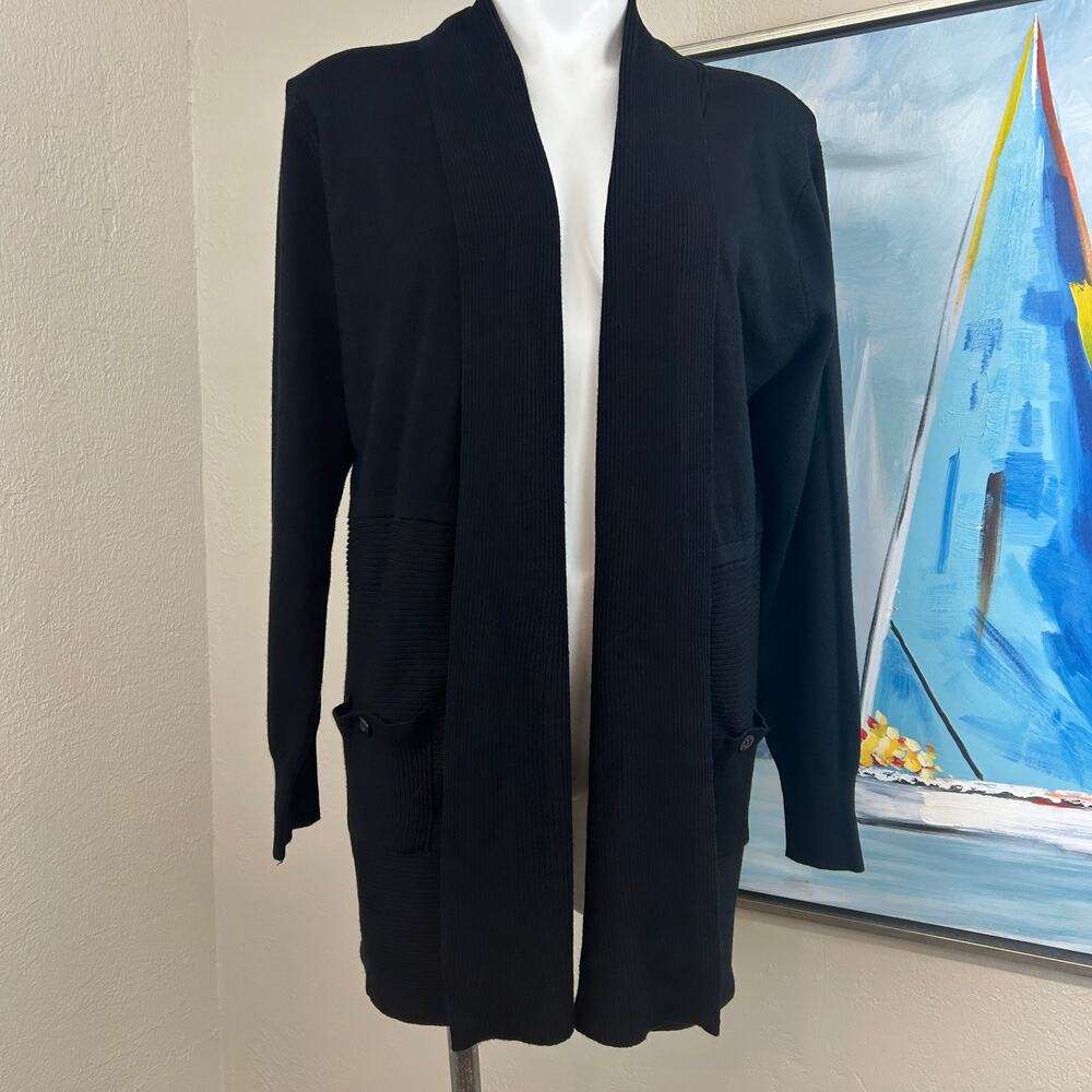 M Magaschoni Black Cardigan Long Open Front Button Accents Pockets Size XL